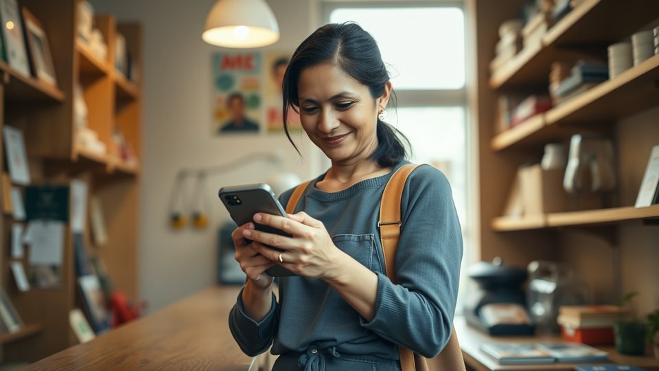 A pharmacy owner in India reading a WhatsApp conversation at her counter